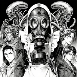 beautiful bishoujo maiden queen ww1 soldier gas mask, xenomorph, biomech, ink monochrome, portrait, character design, worn, dark, manga style by yoshitaka amano, tsutomo nihie, kelly mckernan, peter mohrbacher, harry clarke, takayuki takeya, machinerie, industrial warfare,