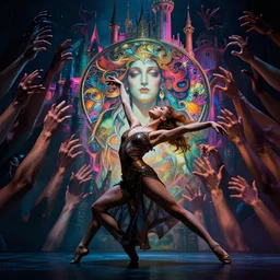 hyperrealistic glamorous beautiful female dancer by ken brower and deborah ory of nyc dance project, surrealistic, lois greenfield, lord of the rings, neon, castle, thousand hands, beautiful dynamic dramatic moody lighting, beautiful intricate face, volumetric, shadows, artgerm, alphonse mucha, greg rutkowsky, cinematic atmosphere, octane render, 8 k