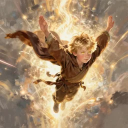 blonde boy with golden eyes wearing a brown cape and flying in t pose, energy background, brush strokes, greg rutkowski