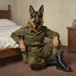 a oil painting of a humanoid german shepherd beast - man, wearing military outfit, sitting on the carpeted floor beside a bed