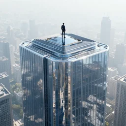 a man standing on top of a building in a giant city, furturistic, building with full glass reflect, epic scene, by victo ngai, kilian eng vibrant colours, dynamic lighting, digital art, winning award masterpiece, fantastically beautiful, illustration, aesthetically inspired by beksinski and dan mumford, trending on artstation, art by greg rutkowski, 8 k