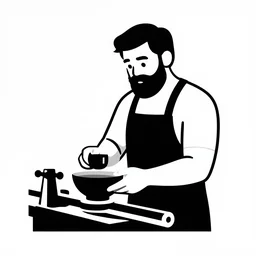 bearded man turns bowl on lathe, vector art, simple, clean