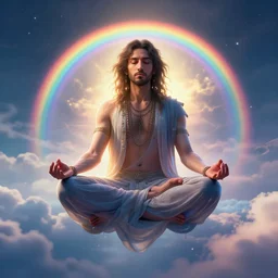 el chapo floating down from heaven in deep meditation. el chapo meditates in the lotus position. rainbow glow.