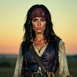 an award winning outdoors portrait photo of a blue eyed greek 1 7 0 0 s dirty caribbean italian olive tanned pirate woman with black smooth hair, slightly big nose defined jaw, very beautiful, smug face, blue eyes, wearing a vest and short coat, sunset, movie color graded