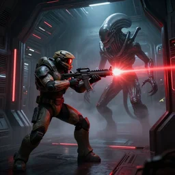 mass effect soldier shooting a cthulhu lovecraft alien xenomorph monster in a furnished mass effect science fiction spaceship hallway, dramatic lighting, octane, red led lights, lens flare, trending on artstation, h. r. giger, gustave dore, moebius, mist, mass effect, action, volumetric lighting