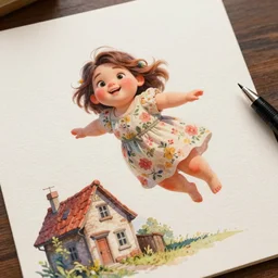 a beautiful pen and watercolor painting on textured paper, of a sweet, fat girl, flowery dress, flying over an old house with a red roof. beautiful lighting, 4 k post - processing, trending at art station, cg society, highly detailed, 5 k ultra - detailed, 3 d. a cinematic scene. sharp picture