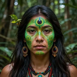 the ayahuasca vine mixed with the face of a beautiful indigenous female shaman with a third eye in the jungle, face painted in green, fractals, beautiful colors, matte painting, by christophe vacher