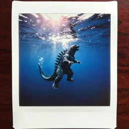 analog polaroid photograph of godzilla swimming underwater in the ocean, seen from above, drone footage, bright sun reflection in the water, lensflare, film grain, azure tones, red color bleed