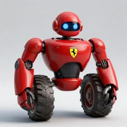 a red robot with big tires on it's shoulders, Ferrari logo on it's chest, rounded head with black pointy visor | unreal engine | hd | 3D model