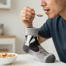 a man eating cereal out of a sock that is made from, and still attached to, a badger