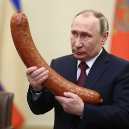 putin struggling to hold a giant sausage