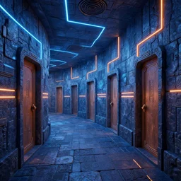 futurepunk dungeon, ancient stone tiling, blue and orange neon lines along the wall, bluestone walls, trending on artstation. absurdly detailed linear hallway with doors