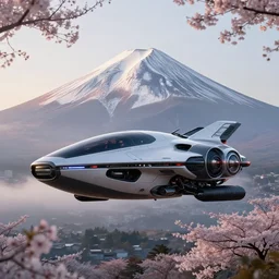 a futuristic dieselpunk vehicle fused into hover craft 2 0 8 9 futuristic version, cyberpunk look hovering by mount fuji early in the morning with a few blossom trees around, high quality photo