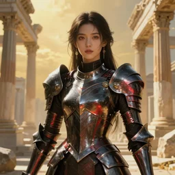 portrait knights of Zodiac girl, metallic black and reddish color reflected armor, in ruined Agora of Athens, ssci-fi, fantasy, intricate, very very beautiful, elegant, golden light, highly detailed, digital painting, artstation, concept art, smooth, sharp focus, illustration, art by  WLOP and tian zi and alphonse mucha