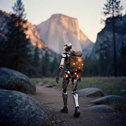 a 2 8 mm macro kodachrome photo of a metallic cyborg with glowing lights wearing a backpack hiking in yosemite national park in the 1 9 5 0's, seen from a distance, bokeh, canon 5 0 mm, cinematic lighting, film, photography, golden hour, depth of field, award - winning, cyberpunk, neon
