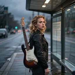 Scarlett Johansson, lonely, with a electric guitar on his back, waiting at the bus stop on moody weather, rinat voligamsi