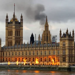 London. Houses of Parliament on fire. Realistic hyper detailed intricate photography art.