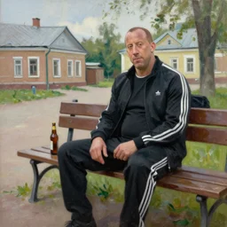 vin diesel in an black adidas suite sits on a bench with a bottle of beer in the courtyard of a provincial russian town, oil on canvas, naturalism e