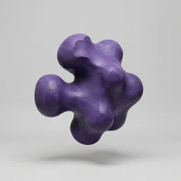 an abstract sculpture by david altmejd in purple wax floating in jean prouve design