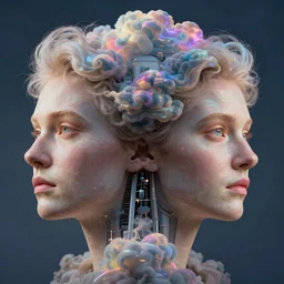symmetry!!! face only photographic portrait of a person made of fluffy iridescent clouds by ansel adams and robin eley and ross tran and miho hirano and ilya kuvshinov, cybernetic components
