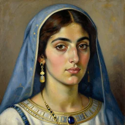 Close-up portrait of 30 year old Mediterranean skinned woman in ancient canaanite clothing, painting by Paula Rego, high detail, high resolution