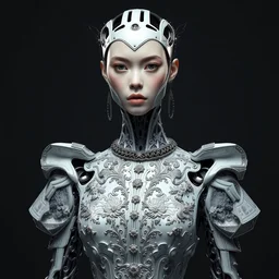 portrait of beautiful female robot super model wearing a detailed gucci dress, perfect symmetrical pose, sharp, by irakli nadar with intricate detailed wearing silver victorian dress designed by alexander mcqueen and rocky gathercole, haunting, elite, elegant, ruan jia, dark, hyper detailed, concept art, intricate, detailed