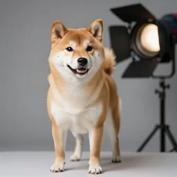 a studio photograph of a shiba inu, professional lighting, focus, blur, 5 0 mm lens, photorealistic