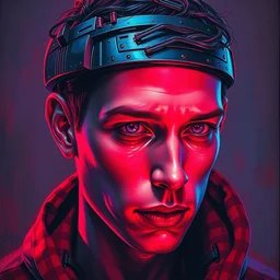 portrait of augmented human wearing an ai chip to increase brain functions, an hard disk of 2 tb to increase brain memory, by highly detailed oil painting, soft light 4 k, red, blue and purple colour palette, cinematic composition, cinematic lighting, sharp focus, masterpiece by ernie barnes and jenny saville