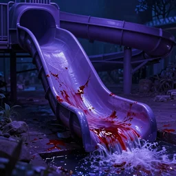 a bloody water slide in the nigth, purple, moody, dark, artistic, digital art, blue and purple, epic