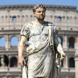 Leonardo DiCaprio in the style of a roman statue standing in Rome