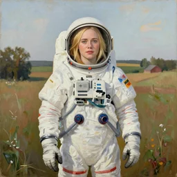 a painting of Elle Fanning in a spacesuit on a farm, by Grant Wood