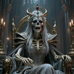 enraged skeletal queen crying in her royal court, detailed, realistic, cinematic