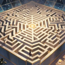 queens polygonal maze with giant maze walls and glass ceilings showing the stars, light dust, magnificent, close up, details, sharp focus, elegant, highly detailed, illustration, by Jordan Grimmer and greg rutkowski and PiNe(パイネ) and 薯子Imoko and 香川悠作 and wlop and maya takamura, intricate, beautiful, Trending artstation, pixiv, digital Art