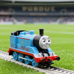 purdue pete as thomas the tank engine on a football field