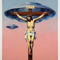 jesus christ crucified and ufos in the background painted by andy warhol