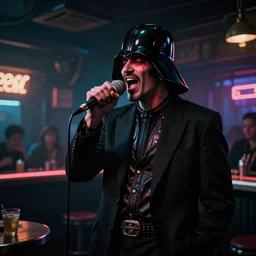 darth punk singing singing karaoke in a rundown cyberpunk bar
