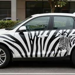 a car with zebra style markings