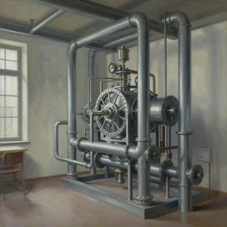 A beautiful painting of interior of room with metal pipes in machinarium by yann souetre, Trending on artstation.