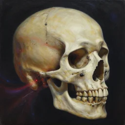 the flow of the super nova is what forms the ancient preist skull, by ross tran, oil on canvas