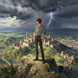 an ultra detailed matte landscape painting of an extremely tall and strong young man with short brown hair standing on a cliff overlooking a medieval capital built on top of many hills, italian renaissance architecture, thunderstorm coming in, ultrawide lens, aerial photography, 8 k, volumetric lighting, smooth, highly detailed, digital illustration, art by kentaro miura and akira toriyama and artgerm