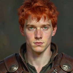 masterpiece closeup portrait of a young man with short red hair and green eyes, wearing adventuring gear, by Greg Rutkowski, Claude Monet, 4k, masterpiece, matte painting, dungeons and dragons, detailed