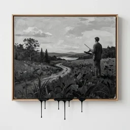 a surrealistic painting of an artist painting a landscape while the paint drains, drips out of the frame leaving black and white painting behind it