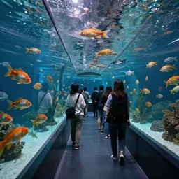 people observing lots of beautiful fish in an underground aquarium corridor, in the style of james mccarthy, fantasy art, ray tracing, water droplets, highly detailed, artstation trend, highly detailed and intricate, sharp focus, photography, unreal engine 5