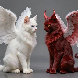 fantasy angel and devil cats looking at each other, high detail, digital art, beautiful , concept art,fantasy art, 4k
