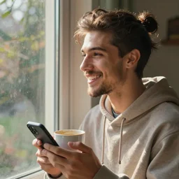 it's morning in the house. a joyous young man with pompadour hairstyle and trimmed beard is looking outside the window while holding a cup in one hand and a smartphone in his other hand. he's wearing a cozy hoodie. sunlight is beautifully lighting the face. depth of field, in the sun, backlit, closeup, oil on canvas, art by monet, in the style of le promenade, smooth, impressionism, 8 k