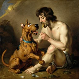 shaggy eating scooby doo, in the style of FRANCISCO GOYA, SATURN DEVOURING HIS SON