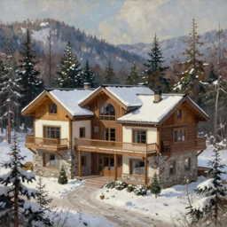 stunning landscape of the modern three - story hotel in a northern forest resort, intricate details, digital art by rob gonsalves, oil on canvas by ivan shishkin