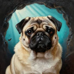 very textured close up of muscular pug dog  with backlight , sun rays , big shadows, small bird sihouettes  in cyan background , very textured detailed  panoramic oil painting by rembrandt , hard backlight , in dark cave