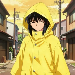 girl wearing massive yellow raincoat, face obscured by cowl, smug grin, grin, yellow raincoat, cel - shading, 2 0 0 1 anime, flcl, jet set radio future, golden hour, japanese town, concentrated buildings, japanese neighborhood, electrical wires, cel - shaded, strong shadows, vivid hues, y 2 k aesthetic