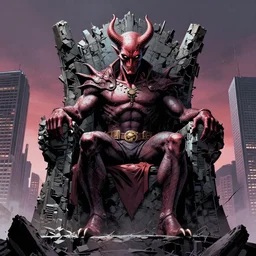 A Titanic Void Devil sitting on a throne made of ruined skyscrapers. DC Comics. Multiversity. 8K Resolution. Comic Illustration. HD. 16k resolution HD HDR
